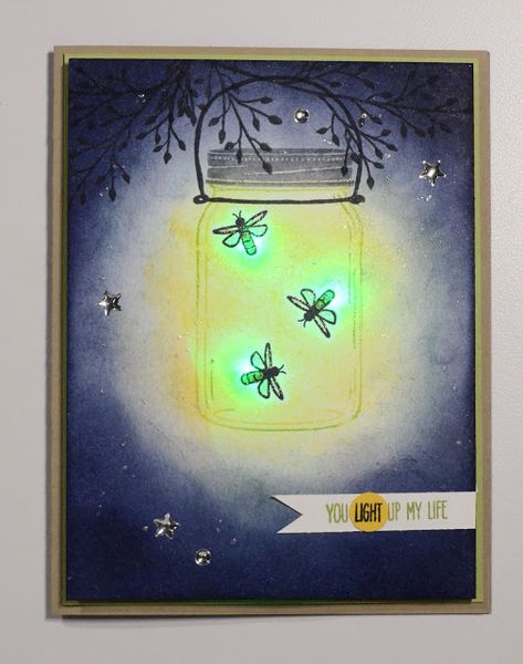 handmade greeting card from 1stampingnightowl: "LED" THE FIREFLIES GLOW Caramel Decor, Light Up Cards, Fireflies Art, Firefly Painting, Led Card, Jar Of Love, Fireflies In A Jar, Mason Jar Cards, Firefly Art