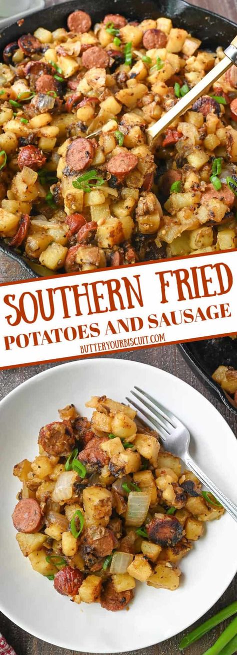 Southern Fried Potatoes and Sausage Southern Fried Potatoes, Potato Side Dish, Smoked Sausage Recipes, Southern Breakfast, Southern Recipe, Baked Ribs, Sausage Dishes, Easy Summer Dinners, Fall Dinner Recipes