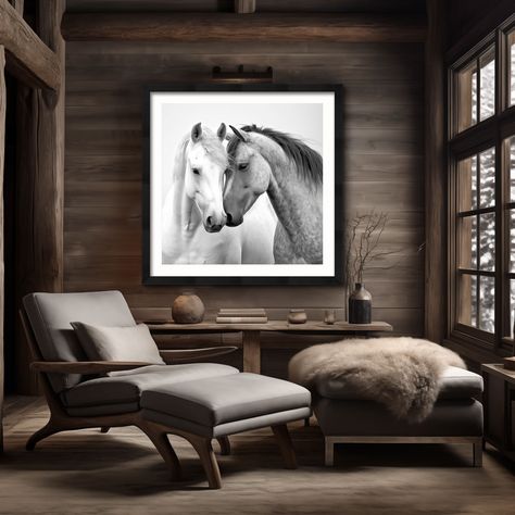 This Square framed black & white portrait photograph of two horses defines love. This ready to hang, square wall decor is the perfect piece for any western, southwestern, or bohemian home.  It will make make a bold, western statement on it's own or as part of a gallery wall. Add a modern touch of rodeo art to your apartment, office, Air B&B, or lodge.  ABOUT THIS WORK: Love is everything you want to say and do... not thinking, just being... soft, strong, wild and free... just you and me. -a stal Woman On Horse, Modern Country Bedrooms, Ranch Style Decor, Horses Wall Art, Decor Black And White, Ranch Decor, Western Wall Art, Art Square, Modern Western