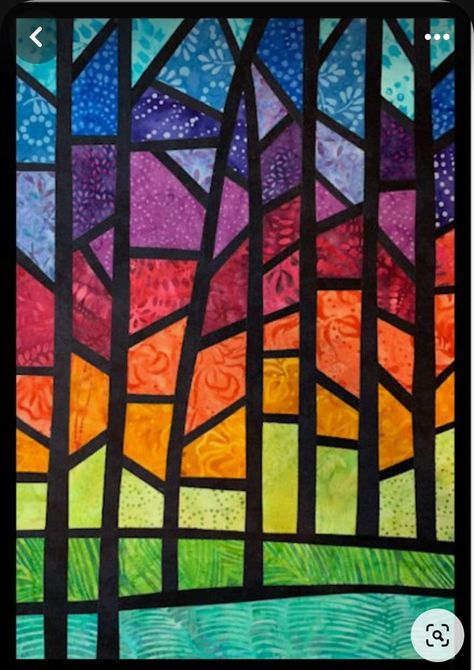 Stained Glass Collage Art, Stained Glass Quilt Patterns Free Ideas, Stained Glass Fabric Patterns, Mini Quilt Patterns Wall Hangings, Stained Glass Window Quilt Pattern, Stained Glass Patchwork, Stain Glass Quilts, Stained Glass Quilts Ideas, Rainbow Stained Glass Patterns