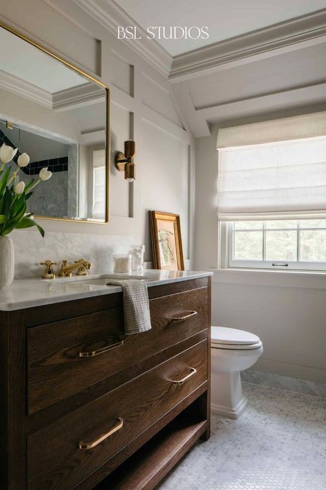 Roman Shades Bathroom, Classic Colonial Homes, Home Remodel Before And After, Bathroom Blinds, Budget Blinds, Custom Window Coverings, Timeless Bathroom, Cabinet Color, Residential Design