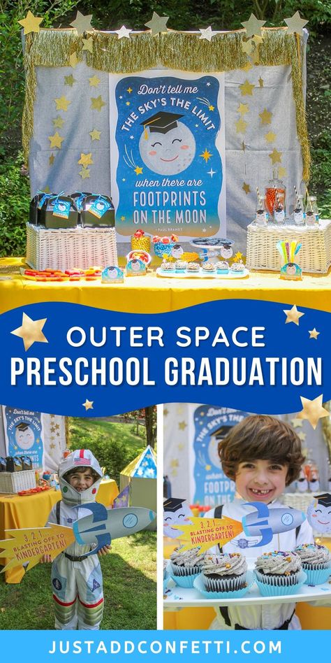 This "footprints on the moon" outer space preschool graduation theme is so much fun! Perfect for both class ceremonies or individual celebrations, and kindergarten graduation, too! I’ve created a huge pack of party printable decorations to make planning your party a breeze. From gift tags, to cupcake toppers & graduation certificates...I’ve got you covered! Everything is available in my Just Add Confetti Etsy shop. Head to justaddconfetti.com for more simple graduation and end of the year ideas! Pretzel Skeletons, Outer Space Preschool, Kindergarten Graduation Themes, Preschool Graduation Theme, Switch Party, Diy Nintendo, Vpk Graduation, Pancakes Gift, Footprints On The Moon