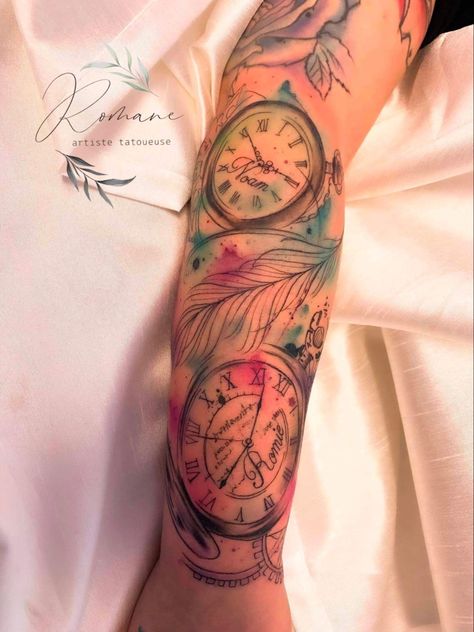 Colorful Clock Tattoo, Watercolor Clock Tattoo, Watercolor Clock, Colorful Sleeve Tattoos, Pocket Watch Tattoos, Dream Catcher Tattoo, Watch Tattoos, Clock Tattoo, Ink Ideas