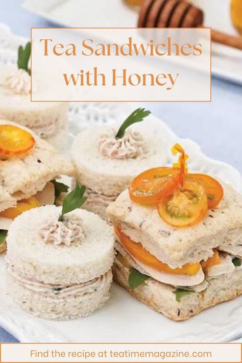 Savory Afternoon Tea Ideas, Bougie Snacks, High Tea Sandwiches Fillings, Chicken Tea Sandwiches, Tea Time Recipes, Honey Sandwich, Tea Party Sandwiches Recipes, British Tea Time, Tea Picnic