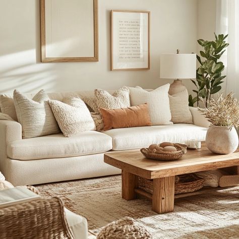 Can you believe this is AI? A cozy living room with neutral colors. Whites And Woods Living Room, Gray White Wood Living Room, Light Wood Living Room Decor, Light And Airy Decor, Cozy Warm Living Room Design, Neutral Decor With Pops Of Color, Cream Colored Couch Living Room, Living Room With Cream Couch, Neutral Organic Living Room