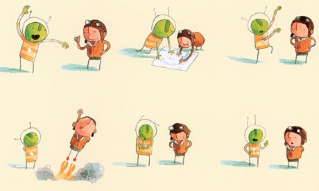 Credit: Harper Collins From  The Way Back Home (2007)   Luckily, companionship arrives in the form of a young Martian with a broken spaceship. In this sequence the pair discuss how to fix their machines and get home. With their oddly footless fusewire legs, Jeffers' characters are drawn with a delicate, minimalist hand, yet their spirited natures shine through. Facial expressions flit across their spherical heads like the phases of the moon. Noses are represented by a cent… The Way Back Home, Oliver Jeffers, Literary Theory, Life In Pictures, Way Back Home, Sci Fi Comics, The Way Back, Artistic Inspiration, Book Illustrations