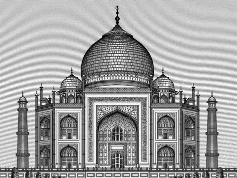 The Taj, Agra by Joe White Monuments Drawing, Taj Mahal Sketch, Palace Drawing, Taj Mahal Drawing, Taj Mahal Art, India Palace, Architecture Drawing Sketchbooks, Perspective Drawing Architecture, Mandala Art Therapy