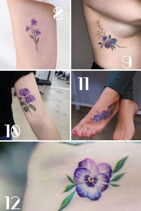 Tattoo Of A Violet Flower, Watercolor Violets Tattoo, Tiny Violet Flower Tattoo, Lily And Violet Flower Tattoo, Pansie Flower Tattoo, Watercolor Pansy Tattoo, Violet Tattoos For Women, Small Pansy Tattoo, Pansy Tattoo Design