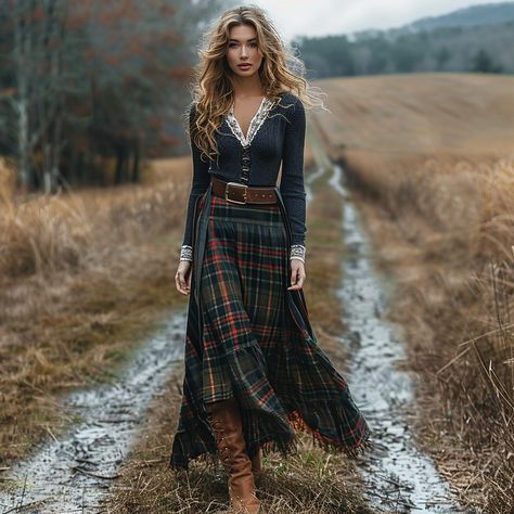 Plaid Clothes, Long Sleeve Plaid Dress, Scottish Dress, Boho Winter Outfits, Elegant Bohemian, Maxi Long Dress, Dress Photo, Elegant Casual, Maxi Styles