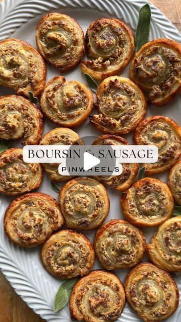 Miranda Peragallo on Instagram: "Boursin & Sausage Pinwheels 🌀🧀  If you’re looking for a savory, cheesy, and crispy appetizer, look no further. 👏 These pinwheels are easy to make and are loaded with flavor. Puff pastry makes me so so happy because it is so buttery and flakey on its own, so it pairs beautifully with this filling. Try it out! 🤍  Ingredients: •1 sheet frozen puff pastry •1/2 lb Italian sausage (if links, about 2 1/2 links, casing removed) •1 5.2oz package Boursin cheese (I did caramelized onion) •1/2 tbsp fresh Sage, chopped •1 egg •1 tbsp water •black pepper, to taste •flour, as needed  Instructions: 1. Place frozen puff pastry on counter to begin thawing.  2. While the puff pastry is thawing, prepare the filling. Heat a medium pan to medium-high. Add the sausage. Crumbl Sausage Pinwheels, Puff Pastry Recipes Savory, Puff Pastry Pinwheels, Savory Puff Pastry, Sausage Rolls Recipe, Sausage Bread, Puff Pastry Appetizers, Pinwheel Appetizers, Christmas Appetizers Party