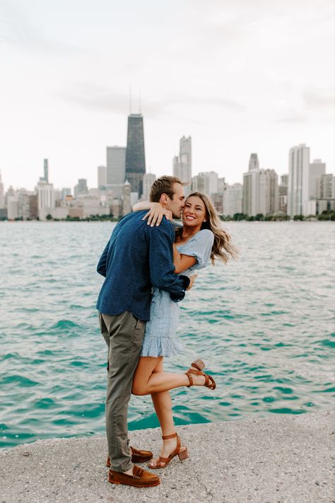 Horizontal Engagement Photos, Chicago Skyline Engagement Photos, Engagement Photos Outfits Chicago, Chicago Beach Engagement Photos, Chicago Lakefront Engagement Photos, North Ave Beach Engagement Photos, Engagement Photos Pier, Chicago Engagement Shoot, North Avenue Beach Chicago Engagement