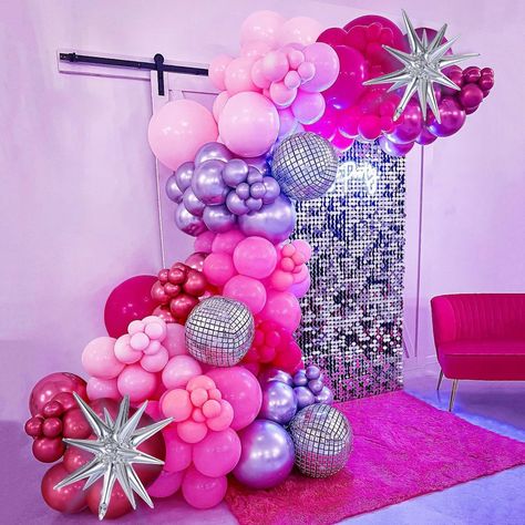 PRICES MAY VARY. *【Package Includes】The hot pink silver balloon arch kit includes different sizes-40pcs 5inch balloons, 75pcs 10inch balloons, 15pcs 12inch balloons, 2pcs 18inch balloons, 3pcs 4D disico ball foil mylar balloons, 2pcs explosion foil mylar balloons, 1 roll glue and 1 roll tape. The color of balloon arch kit is dark hot pink, light hot pink, pastel pink, metallic red and metallic silver. *【High Quality】Our balloon is made of 100% high-quality, natural and non-toxic latex. You can u Barbie Disco Party, Hot Pink Birthday Decorations, Clueless Party, Pink Disco Party, Summer Birthday Party Decorations, Birthday Balloon Garland, Pink Birthday Decorations, Pink Disco Ball, Hot Pink Birthday