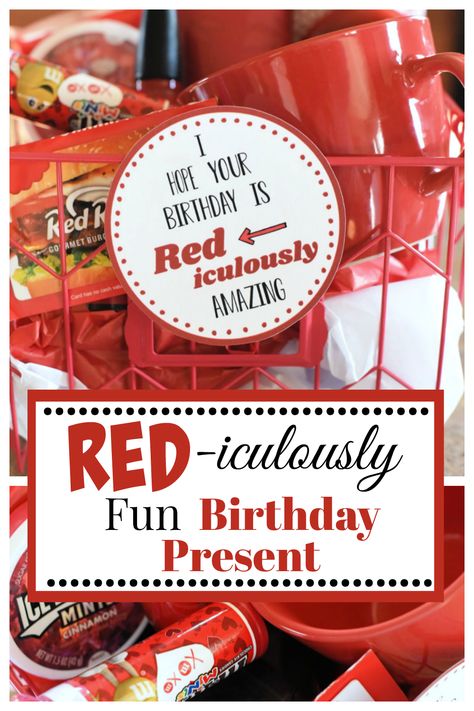 This is a red-iculously fun birthday gift that is perfect for anyone. We love this simple birthday gift idea, and you will too. #birthdaygift #birthdaypresent #birthdayidea #gifts #fungiftideas #funbirthdaypresents Birthday Boxes, Easy Birthday Gifts, Cash Gifts, Red Birthday, Themed Gift Baskets, Box Gifts, Creative Birthday Gifts, Simple Birthday, Birthday Gift Baskets