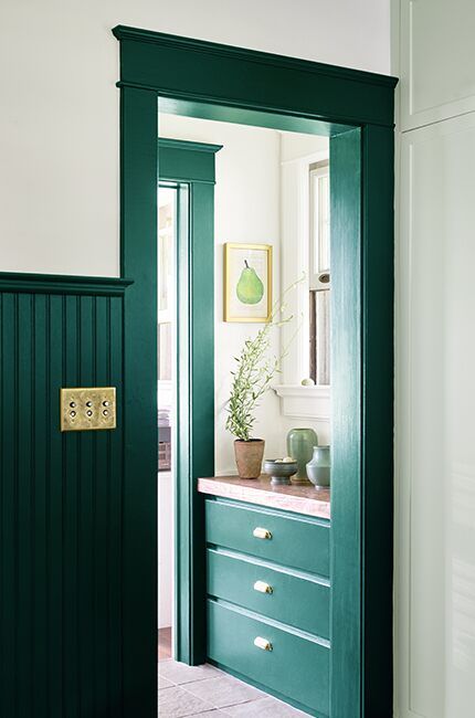 Annapolis Green Benjamin Moore, Fiddlehead Green Benjamin Moore, Terry Town Green Benjamin Moore, Windsor Green Benjamin Moore, Benjamin Moore Forest Green, Tarrytown Green Benjamin Moore, Trim Paint Ideas, Green Trim Interior, Trim Paint Color Ideas