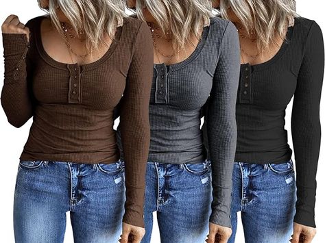 Casual Fall Fashion, Casual Long Sleeve Shirts, Autumn Fashion Casual, Henley Top, Knitted Tshirt, Fall Fashion Outfits, Henley Shirts, Autumn Fashion Women, Womens Fall