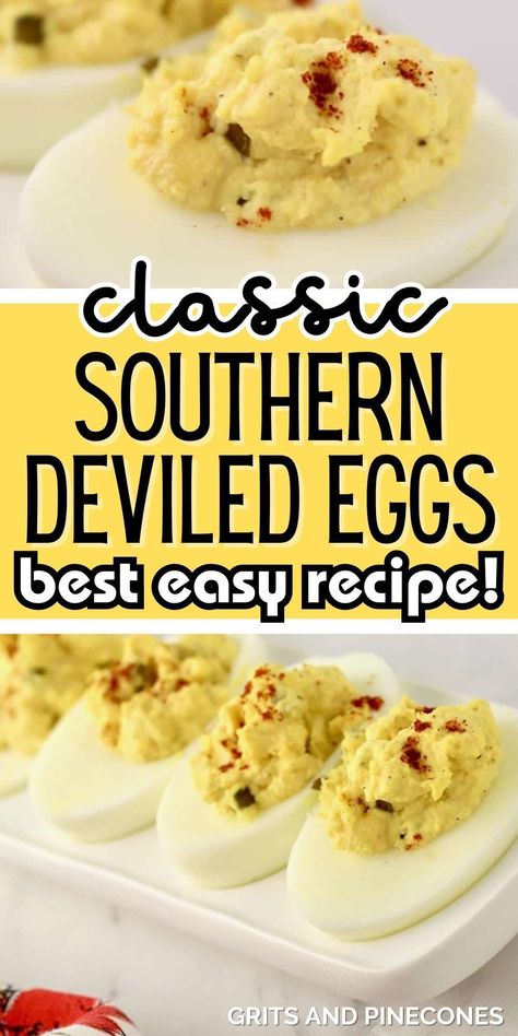 Add these southern deviled eggs as a side dish at your next BBQ! They are creamy, rich in flavor, and the special secret ingredient makes them even more tasty! Deviled eggs are such a popular side dish or appetizer at parties that they can be served for summer picnics, potlucks, or even casual lunches and dinners at home! Crosstown Copycat Deviled Eggs, Egg Side Dishes, 1950 Food, Southern Deviled Eggs Recipe, Deviled Eggs Recipe Best, Delicious Deviled Egg Recipe, Deviled Egg Recipes, Easy Peel Eggs, Devil Eggs