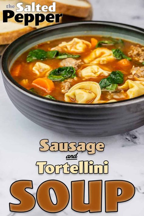 Easy & Delicious Tortellini Soup made in the Ninja Foodi or Instant Pot Pressure Cooker. Ready in under 30 minutes. Easy prep. Perfect for any season. Sausage Spinach Tortellini Soup, Sausage Spinach Tortellini, Soup With Sausage And Spinach, Tortellini Soup With Sausage, Eggs Appetizers, Cheese Tortellini Soup, Soup Weather, Soup With Sausage, Sausage And Spinach