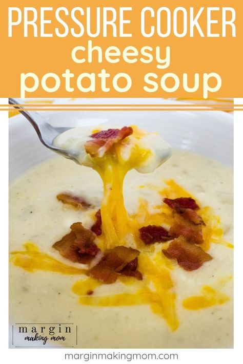 This quick and easy pressure cooker potato soup is creamy, cheesy goodness! To make prep even easier, it uses frozen hash browns. With a cook time of only 3 minutes, you can have dinner on the table in under 30 minutes tops, thanks to the Instant Pot! Instant Pot Potato Soup, Pressure Cooker Potatoes, Cheesy Bacon Potatoes, Soup Instant Pot, Potato Bacon Soup, Frozen Hashbrowns, Cheesy Potato Soup, Potato Soup Easy, Bacon Potato