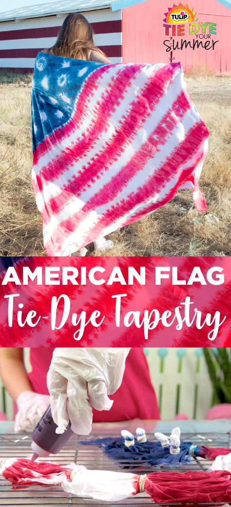 American Flag Tie Dye Tapestry - great 4th of July or dorm decor project! Tie Dye Shirt Diy, Tie Dye Shirt Ideas, Boho Flower Girls, Shirt Diy Ideas, American Flag Tie Dye, Diy Denim Shorts, How To Make A Tie, Tie Dye Sheets, Red White And Blue Tie Dye