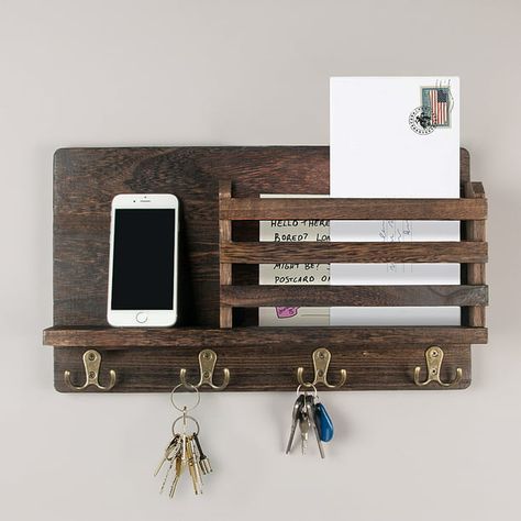 Mail Holder Wall, Small Easy Woodworking Projects, Key And Letter Holder, Mail Organizer Wall, Wall Mounted Key Holder, Mail And Key Holder, Mail Holder, Entryway Organization, Wall Key Holder