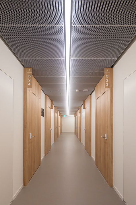 Idea 3459933: Kengo Kuma and Associates - Geneva Students Dormitory by AVH. Atelier Vincent Hecht in Geneva, Switzerland City Hall Architecture, Dormitory Room, Lobby Interior Design, Corridor Lighting, Kengo Kuma, Lobby Interior, Student House, Geneva Switzerland, Student Dormitory