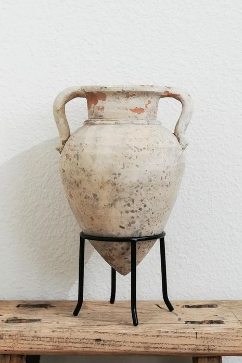 Vintage Wabi-sabi Pot, Rustic Farmhouse Vase,aged Clay Vase, Handmade Pointy Amphorae Pottery - Etsy Farmhouse Vase, Wrought Iron Decor, Iron Stand, Vase Handmade, Clay Vase, Flower Stand, Flower Stands, Pot Holder, Iron Decor