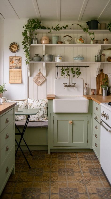 Need ideas for your small cottage kitchen renovation? This board is filled with small cottage kitchen ideas that focus on maximizing space while keepi... Cottagecore Kitchen Inspiration, Small Kitchen Country Style, Small Cottage Core Kitchen, Yellow Cottage Kitchen, Wood Cabinet Ideas, Small Cottage Homes Interior, Small Country Kitchen, Tiny Cottage Interior, Small Cottage Kitchen Ideas