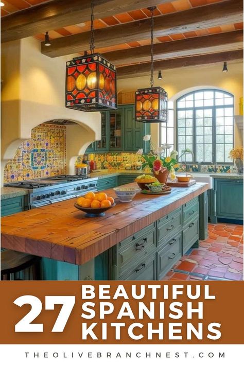 Dive into the enchanting world of Spanish kitchens that will revolutionize your living space, offering a gateway to rustic elegance. Immerse yourself in the Mediterranean's inviting warmth, highlighted by lively tiles and intricate wrought-iron accents. Upgrade your kitchen area with a touch of timeless sophistication, capturing the essence and rich heritage of Spanish-inspired decor. Enjoy these Spanish kitchen ideas. Spanish Inspired Kitchen, Spanish Kitchen Design, Hacienda Style Kitchen, Green Countertops, Spanish Style Kitchen, Spanish Kitchen, Teal Kitchen, Mexican Kitchens, Green Cabinets