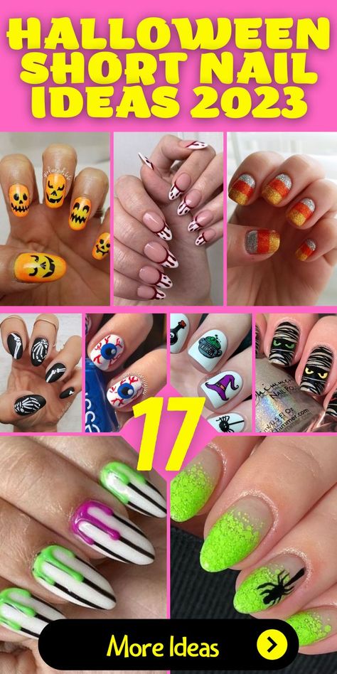 Bewitching Short Nail Art for Halloween: Embrace the bewitching spirit of Halloween with these short nail art designs for 2023. Whether you choose oval or almond shapes, the combination of black and pink with spooky accents will captivate everyone. These nails are perfect for those who want a pretty yet spooky look for the holiday. Dive into bewitching and easy Halloween nail art ideas featuring pink and black designs that are perfect for short nails. Halloween Designs Short Nails, Pink Halloween Nails Almond Shape, Fun Halloween Nails Short, Short Almond Halloween Nails Designs, Spooky Halloween Nails Short Almond, Nail Art Halloween Easy, Cute Spooky Nails Short, Classy Halloween Nails Short Square, Halloween Nails Almond Shape Short