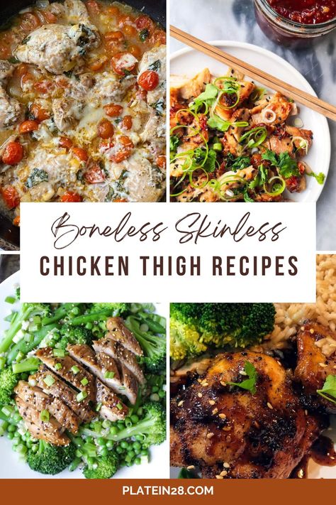 🥘 Looking for a quick and delicious dinner idea? Try these boneless skinless chicken thigh recipes in under 30 minutes!  Whether baked, broiled, or grilled, these boneless skinless chicken thigh recipes offer quick and tasty dinner options for busy evenings. Healthy Skinless Chicken Thigh Recipes, Boneless Skinless Chicken Thigh Meal Prep, Boneless Skinless Chicken Thigh And Broccoli Recipes, Boneless Skinless Chicken Thigh Recipes Dutch Oven, Boneless Skinless Chicken Thigh Recipes Instant Pot, Boneless Chicken Thighs Instant Pot, Boneless Skinless Chicken Thighs Recipes, Chicken Thighs Skinless Boneless, Skinless Boneless Chicken Thigh Recipes