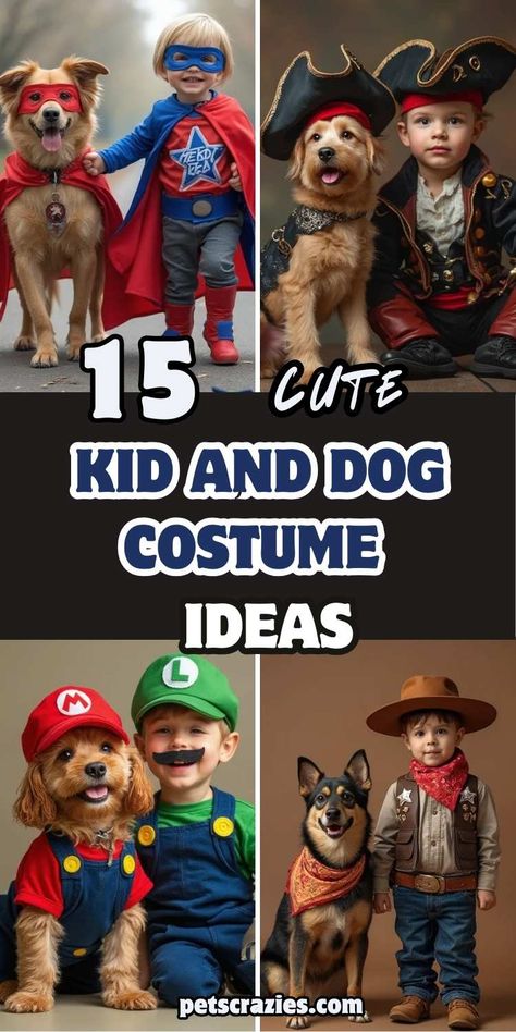 Looking for fun kid and dog costume ideas? Check out these adorable and creative costume combos that both kids and dogs will love! From matching superhero outfits to whimsical animal-themed looks, these ideas are perfect for Halloween or themed events. Get inspired for your next costume adventure! 🎃🐾 Diy Pet Costumes Dogs, Dog Costumes For Kids, Dog Costume Ideas, Diy Pet Costumes, Superhero Duos, Creative Outfits, Diy Dog Costumes, Matching Costumes, Super Hero Outfits