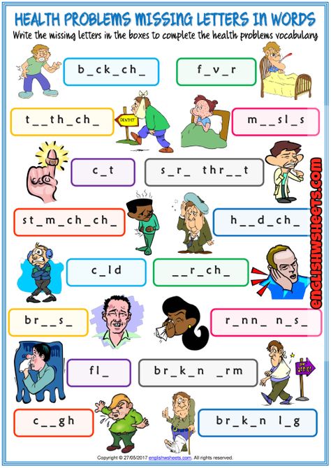 Health Vocabulary Worksheets, Health Problems Worksheet, Illness Vocabulary, Health Worksheets For Kids, Dictionary For Kids, Missing Letters, Esl Vocabulary, Kids Worksheets Printables, Picture Dictionary