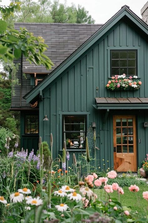 Cottage Inspired Home Exterior, Homes With Siding, Green Home Exterior, Cabin Exterior, Cottage Exterior, Casa Exterior, Wood House, Farmhouse Exterior, House Paint Exterior