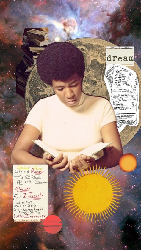 Octavia E Butler Dawn, Octavia Butler Art, African Cosmology, Mica Art, Octavia E Butler, Octavia Butler, Marketing Assistant, Black Writers, Collage Book