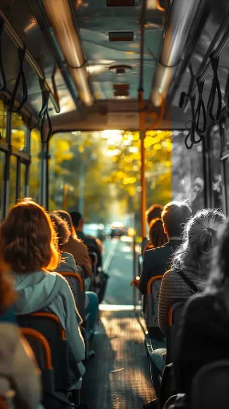 Full Color Image in ai-img-gen.com 🔸 people in a Czech tram on a sunny summer Monday morning on their way to work. Natural light, high co... 🔸 From Midjourney AI Image Bus Images, Seat Bus, Bus Window, Bus Journey, Bus Seat, In The Bus, Bus Art, Butterfly Images, Colored Ceiling