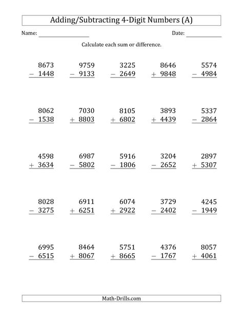 The 4-Digit Plus/Minus 4-Digit Addition and Subtraction with SOME Regrouping (A) Math Worksheet from the Mixed Operations Worksheets Page at Math-Drills.com. Subtracting Decimals Worksheet, Addition With Regrouping Worksheets, Subtraction With Regrouping Worksheets, Decimal Word Problems, Math Fact Worksheets, Numbers Worksheet, Math Practice Worksheets, Math Addition Worksheets, Decimals Worksheets