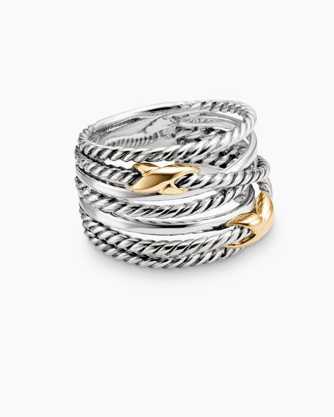 David Yurman | Double X Crossover Ring in Sterling Silver with 18K Yellow Gold, 13mm David Yurman Jewelry Neiman Marcus, David Yurman Crossover Ring With Diamonds, David Yurman Supernova, Double Finger Ring, David Yurman Ring, Crossover Ring, Women's Rings, David Yurman Jewelry, Stacked Jewelry