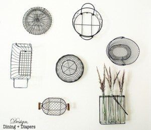 Diy Gallery Wall Ideas, Wire Basket Ideas, Basket Wall Display, Gallery Wall Tutorial, Basket On Wall, Basket Gallery Wall, Vintage Wire Baskets, Gallery Wall Ideas, Collection Displays