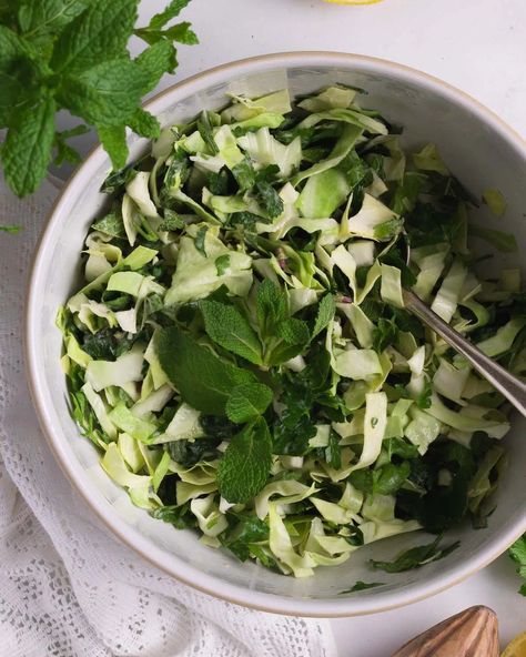 This Malfouf Salad (Lebanese Cabbage Salad) is fresh, delicious and healthy, and a great excuse to use lots of lovely herbs. It makes the perfect side dish for Lebanese and Middle Eastern food, and is a great salad for entertaining or pot lucks. Main Salad, Middle Eastern Food, Vegetarian Cabbage, Lemon Mint, Cabbage Salad, Middle Eastern Recipes, Perfect Side Dish, Vegan Paleo, Mediterranean Recipes