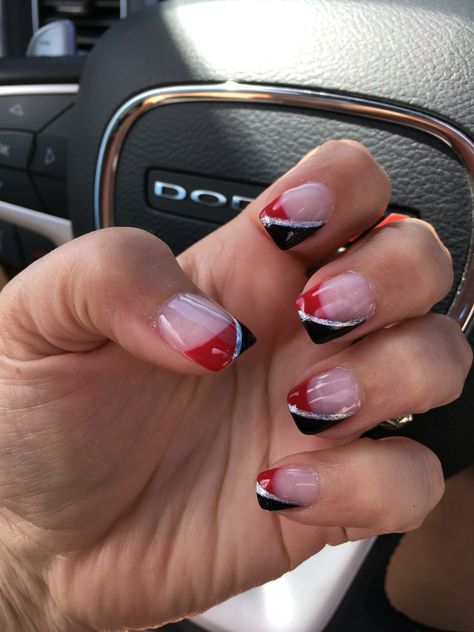 Red And Black French Tip Acrylic Nails, Red White And Black Nails Ideas, Black Silver Red Nails, Red Black And Grey Nails, Black And Red Tip Nails, Red Black And Silver Nails Design, Red And Black Football Nails, Red Black French Nails, Black Silver And Red Nails