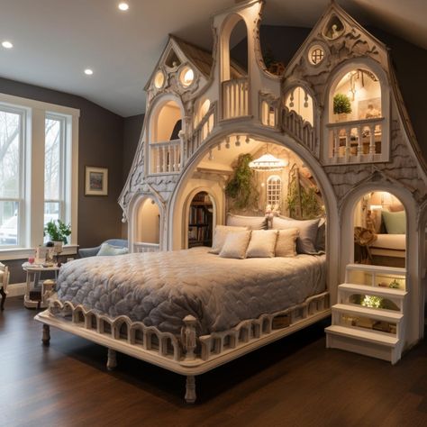 Adult sized bed shaped like a Victorian house at Lilyvolt com Room Decor Ideas Princess, Twin Bed For Adults, Coolest Beds, Heart Shaped Bed, Fun Beds, Princess Beds, Playhouse Diy, Bunk Room Ideas, Play Structures For Kids