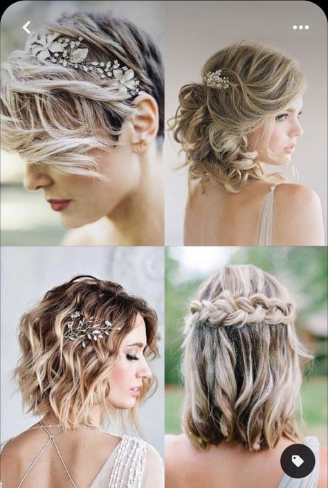 Short Hair Side Braid Wedding, Short Hairstyle Women In Wedding, Short Wedding Hair With Hairpiece, Wedding Hair Pieces Short Hair, Hairstyles For Weddings Bridesmaid Short, Bridal Braided Hairstyles Short Hair, A Line Bob Wedding Hair, Blond Short Hair Wedding, Wedding Hair For A Bob