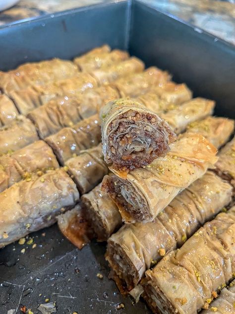 Baklava Flavors, Assyrian Recipes, Baklava Rolls, Greek Night, Middle Eastern Dessert, Greek Baklava, Mediterranean Desserts, Greek Recipes Authentic, Sweet Savory Recipes