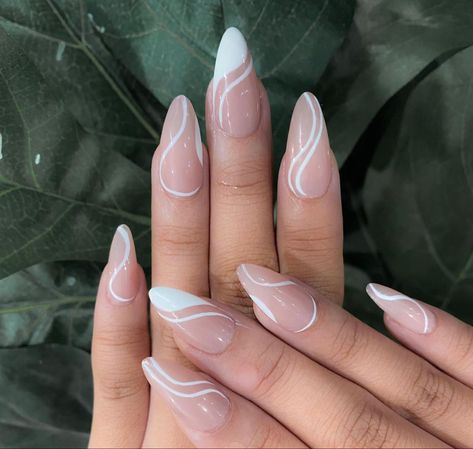 Simple Swirl Nail Designs, French Swirl Nail Designs, Swirl Nail Designs Almond, Swirl And French Tip Nails, Almond Nails With Swirls, Nail Swirl Designs Simple, Swirly French Tip Nails, White Swirl Nail Designs, White Swirly Nails