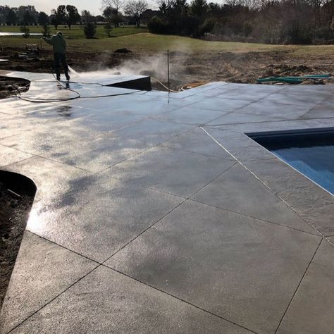 Scored Concrete Pool Deck, Cantilevered Concrete Pool Coping, Pool Hardscape Ideas Concrete, Stamped Concrete Pool Coping, Pool Concrete Deck Ideas, Pool Concrete Ideas, Concrete Around Pool Ideas, Brushed Concrete Pool Deck, Types Of Concrete Finishes