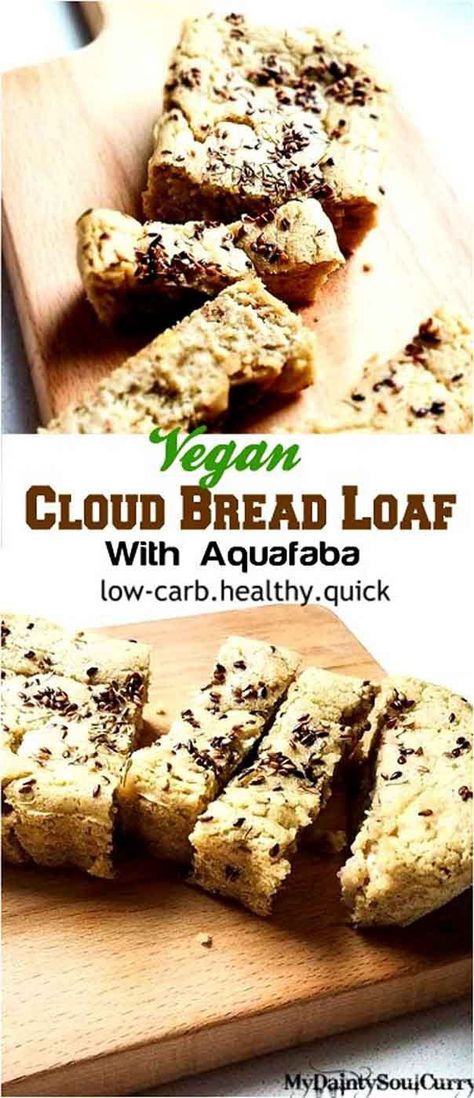 Vegan cloud bread loaf made with whipped aquafaba #vegan #lowcarb Vegan Cloud Bread Recipe, Cloud Bread Loaf, Whipped Aquafaba, Savory Crackers, Cloud Bread Recipe, Ketone Recipes, Aquafaba Recipes, Meatless Dinners, Paleo Breads