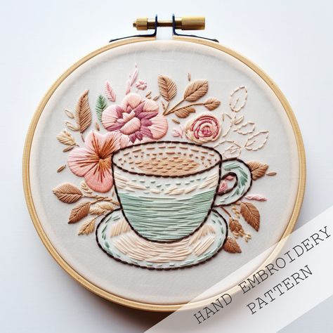 Tea Cup Embroidery, Tea Embroidery, Cup Embroidery, Coffee Embroidery, Tea Cozy Pattern, Water Soluble Paper, Floral Embroidery Patterns, Diy Embroidery Patterns, Bead Embroidery Patterns