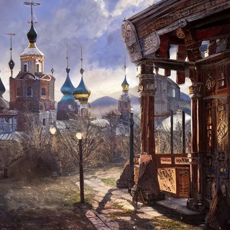 photo ancient Slavic Russian city of Kitezh, painting | Stable Diffusion | OpenArt Viktor Vasnetsov, Fantasy Cityscape, Russian City, 3 Aesthetic, Magical City, Russian Architecture, Cinematic Lighting, Wooden Buildings, Baba Yaga