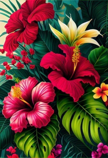 Tropical Painting Ideas, Jungle Art Tropical, Tropical Flowers Painting, Tropical Artwork, Leaves Painting, Tropical Art Deco, Tropical Art Print, Tropical Painting, Beautiful Scenery Photography