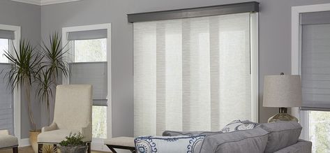 Blinds for Sliding Glass Doors - Alternatives to Vertical Blinds - The Finishing Touch Blinds For Sliding Glass Doors, Sliding Glass Door Blinds, Sliding Panel Blinds, Wood Cornice, Sliding Door Window Treatments, Panel Blinds, Patio Blinds, Door Window Treatments, Modern Blinds